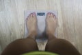 Top-down view to female bare feet standing on scale with written word Help on display. Concept of fitness and loosing weight. Royalty Free Stock Photo