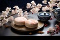 Top down view of a traditional Japanese wagashi dessert - sakuramochi with a cherry blossom motif
