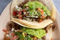 top down carne asada tacos, plate, guacamole, pico de gallo salsa Royalty Free Stock Photo