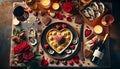 A top-down view of a Valentine's Day dinner, featuring heart-shaped ravioli, oysters, chocolates, red wine, rose Royalty Free Stock Photo