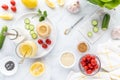 Top down view of various fresh ingredients used to make salad and salad dressing. Royalty Free Stock Photo