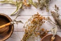 Top down view on various herbs for mind body and soul healing homeopathy alternative medicine on wooden table