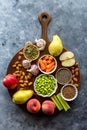 A Top down view of various nutritious plant based foods. Royalty Free Stock Photo