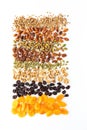 Top down view of various nuts, seeds and dried fruit used in making trail mix against a white background. Royalty Free Stock Photo