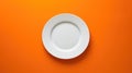 Top-down view of a white empty plate placed on a vibrant orange background, creating a striking contrast, Ai Generated Royalty Free Stock Photo