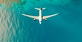 Top down view of white plane flying over blue sea, ocean, travel, vacation concept - AI generated image Royalty Free Stock Photo