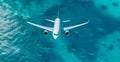 Top down view of white plane flying over blue sea, ocean, travel, vacation concept - AI generated image Royalty Free Stock Photo