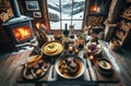 Top-down view of a winter feast in a ski chalet, featuring osso buco, creamy polenta, winter salad with radicchio, and