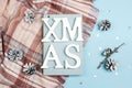 Top-down winter holidays composition with book, plaid, cones and title. Royalty Free Stock Photo