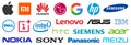 Top electronic companies logo. World`s leading computer brands. Apple, Xiaomi, Samsung, Huawei, HP, LG, Sony, Lenovo, Google, HTC Royalty Free Stock Photo