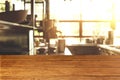 Top of empty of wood table with Blur Interior and decoration of a Modern loftBar and coffee.