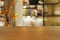 Top of empty of wood table with Blurred background of modern bookstore and stationary store interior. Using for Mock up template f Royalty Free Stock Photo