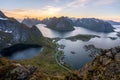 From top of the famous Reinebringen overlooking the city of Reine in Lofoten,Norway during the midnight sun.