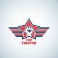 Top Fighter Abstract Vector Sign, Symbol, Icon or Logo Template. Striking Fist in Red Star with Stylized Wings. Royalty Free Stock Photo