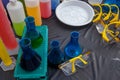 Top flat shot of Lab Flask with colorful liquid for science experiments