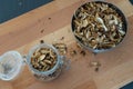 Top or flat view of sliced, chopped and dried vairous mushrooms