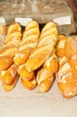 Rows freshly baked French baguettes