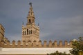 Top of the giralda of Seville seen from inside the orange tree courtyard. Concept monuments, travel, culture, cathedral, Spain