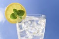 Top of a glass with fresh water, ice cubes, lemon slice and mint Royalty Free Stock Photo