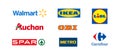 Top global retail chains. Shop logotype set: Walmart, OBI, Ikea, Metro, Carrefour, Lidl, Auchan, Spar. Vector