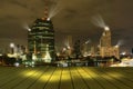 Top golden metal desk with cityscape night lights view blur background