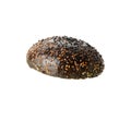 Top half of baked black round sesame bun for hamburger, food