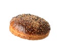 Top half of baked brown round sesame bun for hamburger