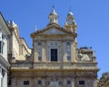 Top half of the facade of the Chiesa del Gesu in Piazza Matteotti in Genoa, Italy. Royalty Free Stock Photo