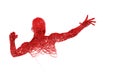 Top head torso arms hands body blood red veins, arteries, aorta knit tangled movement posture fist on white background.