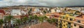 The top of highest church tower. Wide angle panorama of the historic town of San Cristobal de La Laguna in Tenerife showing