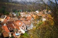 Top horizontal view on old alsacien town Kaysersberg near Colmar in sunny winter day. traditional houses in Alsace, France. One of Royalty Free Stock Photo