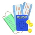 The top image is passport with airplane tickets and boarding pass for it, and medical protective mask with gold coins. Travel
