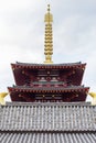 Top of pagoda tower on light background with clouds