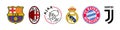 Top logo of football clubs: Barcelona, Milan, Ajax, Real Madrid, Bayern Munich, Juventus. Kyiv, Ukraine - October 31, 2020