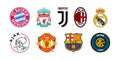 Top logo of football clubs: Bayern Munich, Liverpool, Juventus, Manchester United, Real Madrid, Ajax, Milan, Inter, Barcelona.