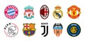 Top logo of football clubs: Bayern Munich, Liverpool, Juventus, Manchester United, Real Madrid, Ajax, Milan, Inter, Barcelona,