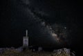 The Milky Way at night above the summit stone on Mount Ardal in Castille. Royalty Free Stock Photo