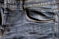 Top of old dark blue men`s jeans, front pocket close-up, signature yellow double stitching, concept of masculinity, everyday