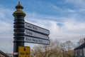 The top of an old fashioned street sign directing towards the Castle Walk and River Swale in Richmond, North Yorkshire