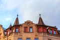 Top of old house with attics and spire Royalty Free Stock Photo