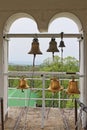 On top of Orthodox Christian monastery bell tower, Russia, Adygea, Saint Michael`s Monastery. Church bells viewed from bell tower