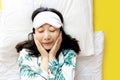Top over high angle view photo portrait of contented asian woman sleeping on pillow Royalty Free Stock Photo