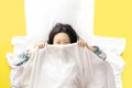 Top over high angle view photo portrait of contented asian woman sleeping on pillow Royalty Free Stock Photo