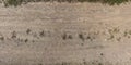 Top panorama view from above on surface of gravel road with car tire tracks Royalty Free Stock Photo