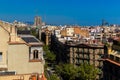 Top panoramic view of the Barcelona landscape from  the roof of Casa Mila, also known as La Pedrera, designed by Antonio Gaudi. Royalty Free Stock Photo