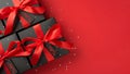 Top panoramic view photo of black gift boxes with red ribbon bow tags and sequins on isolated red background with text on pricetag