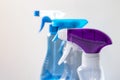 Top part of plastic sprayer, pulverizer mechanism, close up. Bottles detergent. Royalty Free Stock Photo