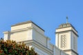 Top part view of a church with painted white concrete exterior at San Francisco, California Royalty Free Stock Photo
