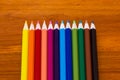 Top perspective of twelve color pencils aligned
