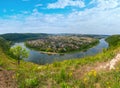 Top picturesque view of the spring Dnister river bend canyon and famous Ukrainian Zalischyky town. Ternopil region, Ukraine, Royalty Free Stock Photo